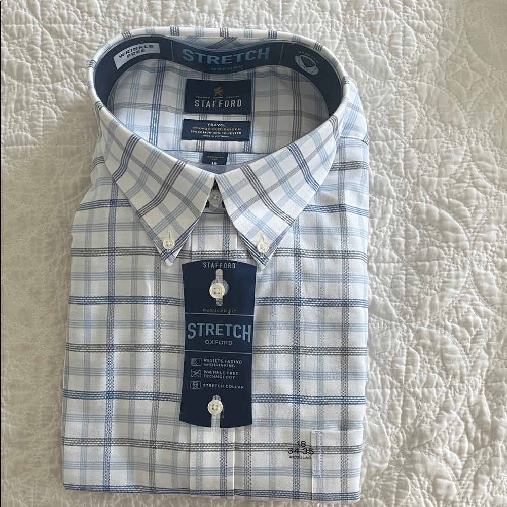 Stafford Men's Light Blue and White Checkered Oxford Shirt 18 34/35